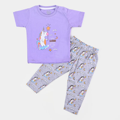 Infant Girls Cotton 2Pcs Night Suit - Lavender