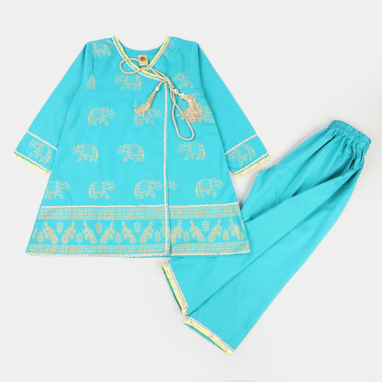 Girls Cotton Printed 2 Pcs Elephant - Teal Green