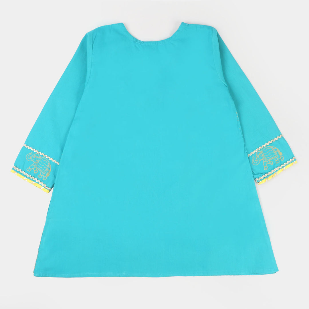 Girls Cotton Printed 2 Pcs Elephant - Teal Green