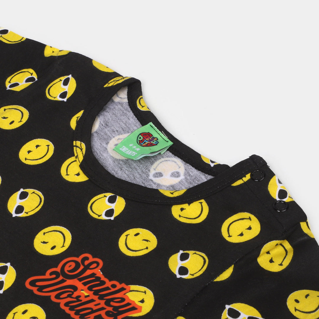 Infant Boys Cotton Romper Smiley Face - BLACK