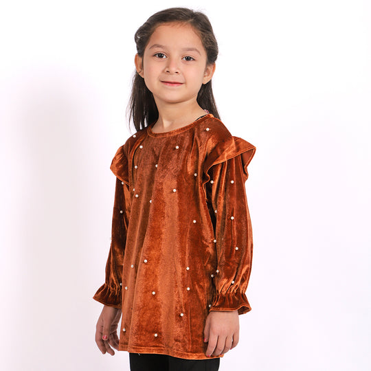 Pearl Velvet Top For Girls - Brown