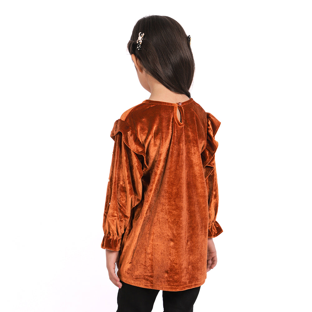 Pearl Velvet Top For Girls - Brown