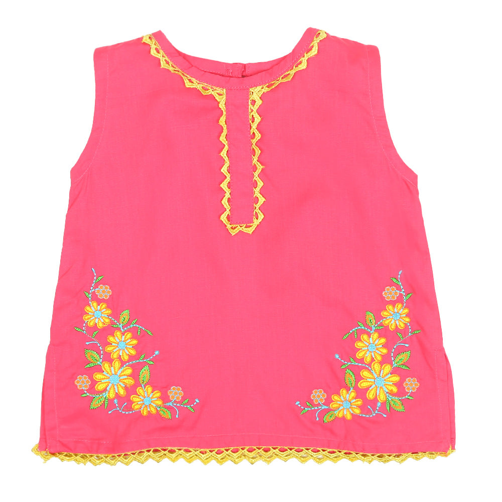 Infants Girls Embroidered Kurti Flower - Fuchsia