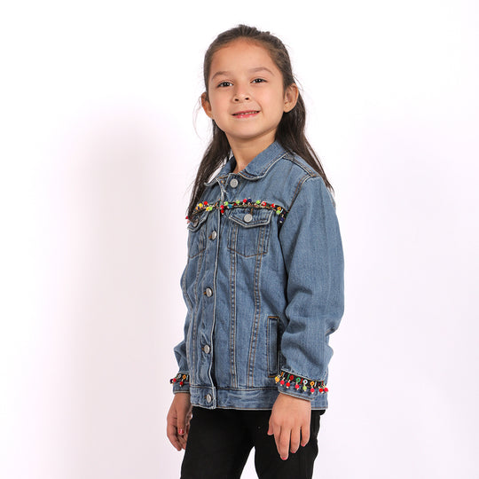 Lace Denim Jacket For Girls - Light Blue