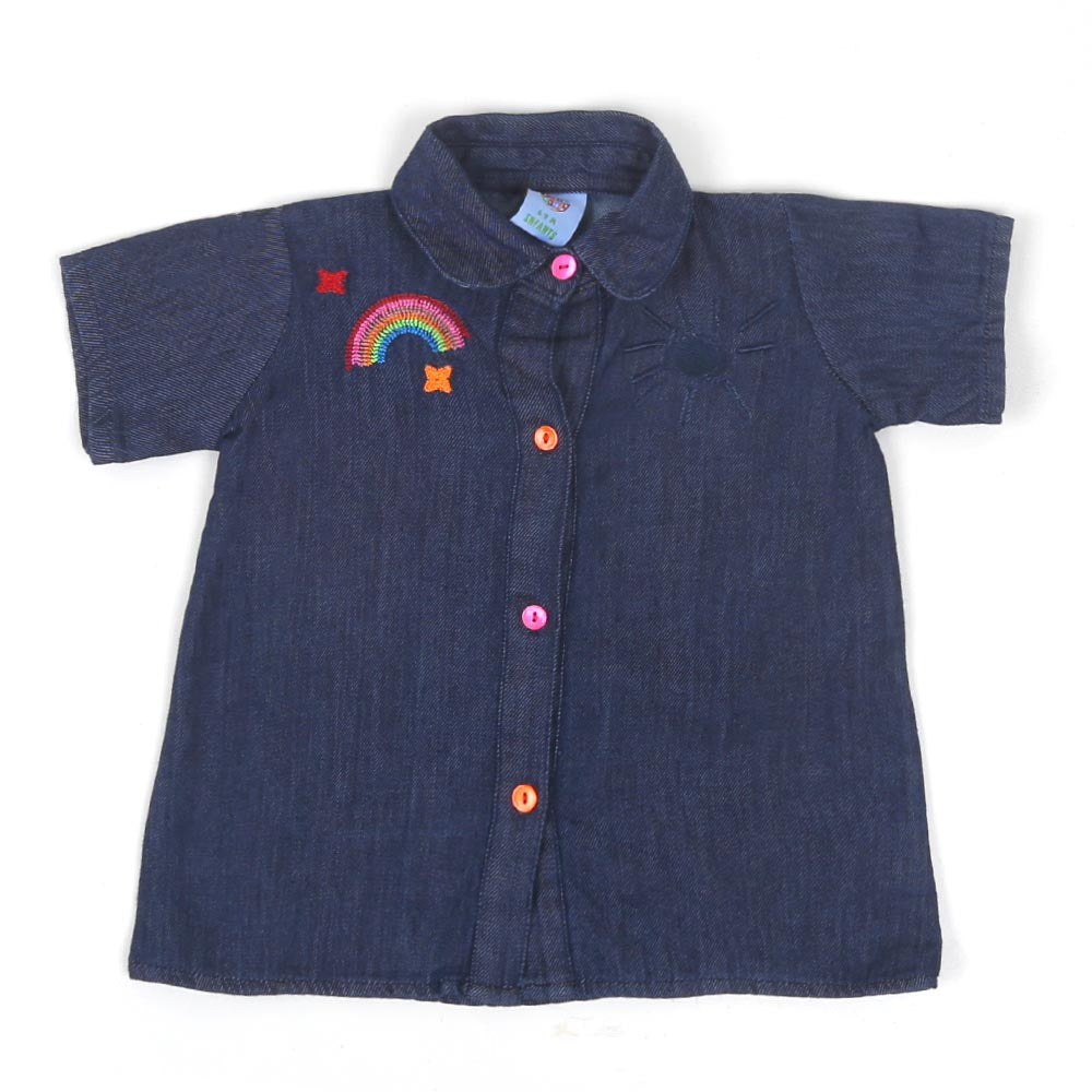 Infant Girls Top Denim Rainbow EMB - Mid Blue