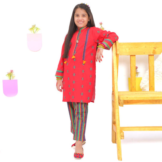 Girls Digital Print 2Pcs Kurti Pajama Delicacy - Magenta
