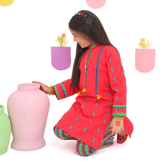 Girls Digital Print 2Pcs Kurti Pajama Delicacy - Magenta