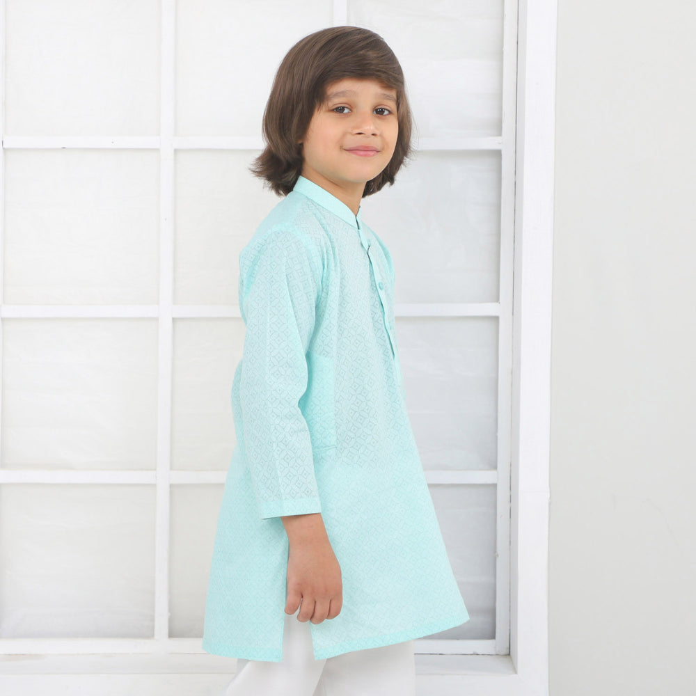 Boys Cotton Basic Kurta Burn Out - Aqua Green