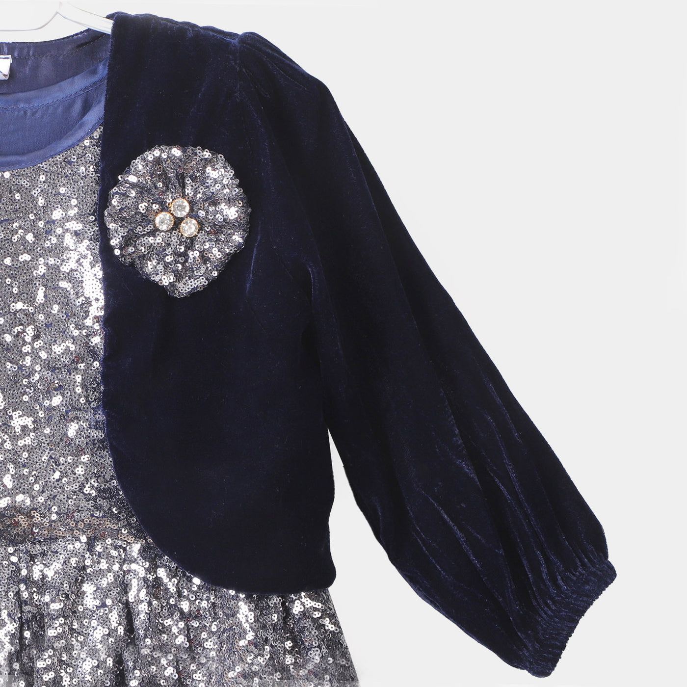 Fashion Girls Sequins Maxi With Velvet Shrug - Navy Silver
