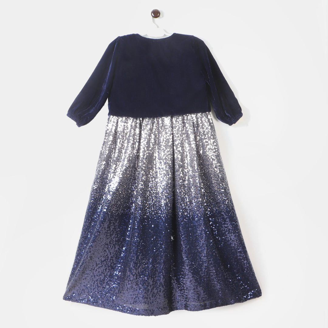 Fashion Girls Sequins Maxi With Velvet Shrug - Navy Silver