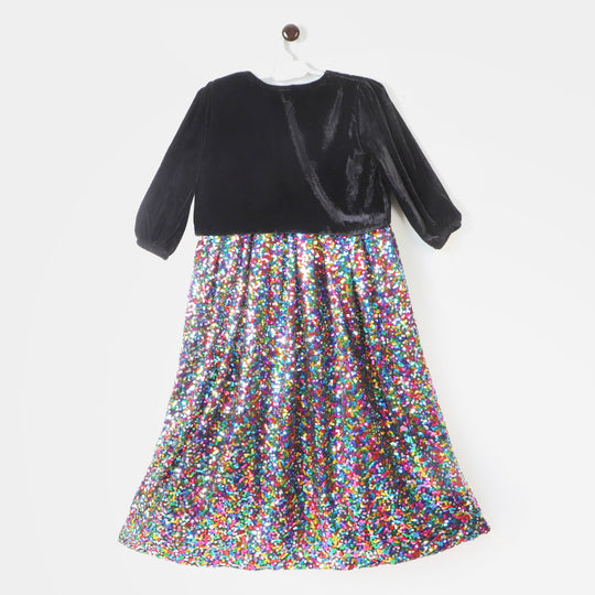 Fashion Girls Sequins Maxi With Velvet Shrug - Black Multi