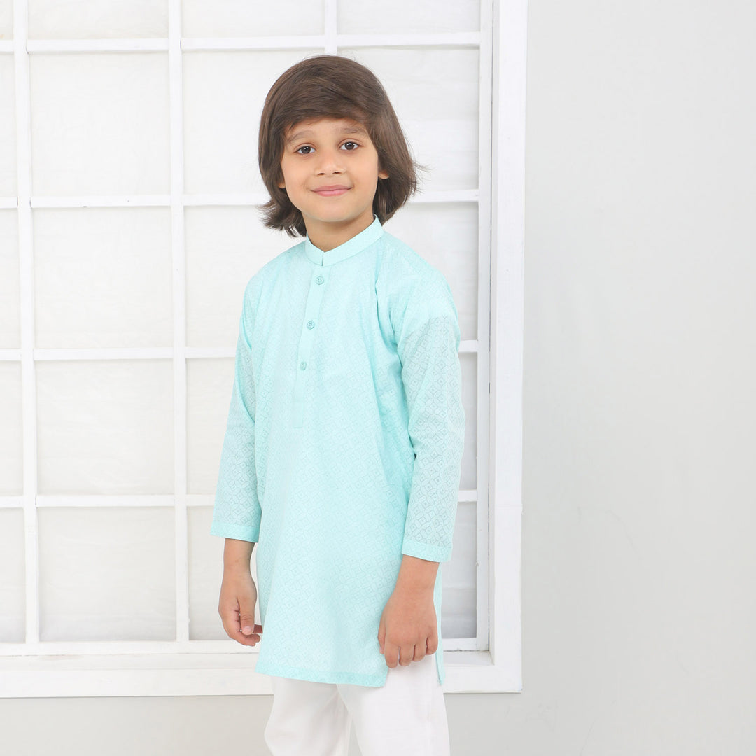 Boys Cotton Basic Kurta Burn Out - Aqua Green