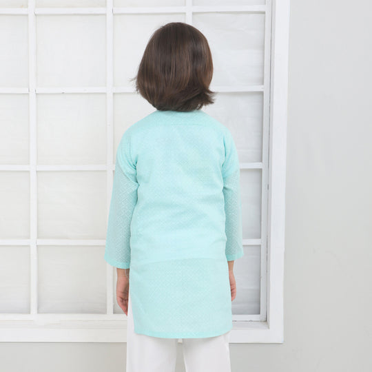 Boys Cotton Basic Kurta Burn Out - Aqua Green