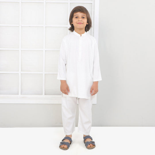 Boys Kurta Pajama Suit Dots - White