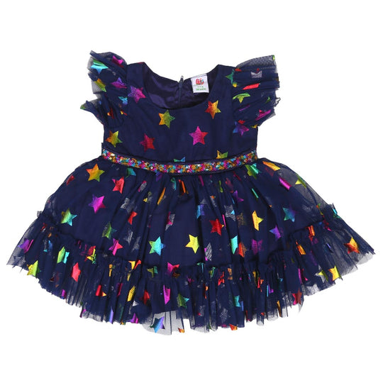 Infant Girls Fancy Frock Shimmer Stars - Navy