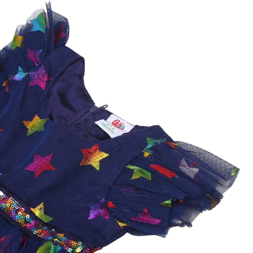 Infant Girls Fancy Frock Shimmer Stars - Navy