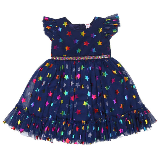 Girls Fancy Frock Shimmer Stars - Navy