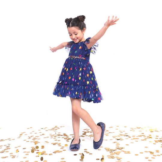 Girls Fancy Frock Shimmer Stars - Navy