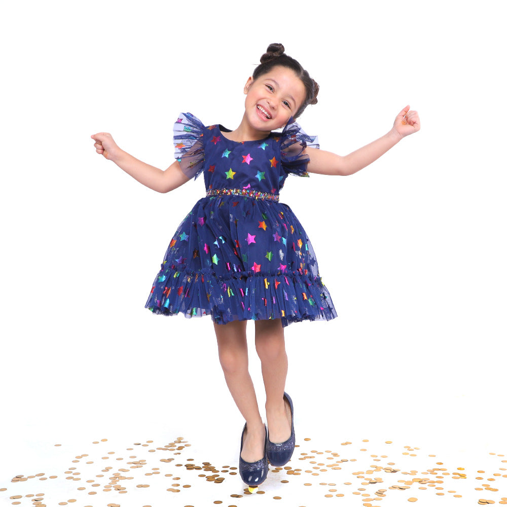 Girls Fancy Frock Shimmer Stars - Navy