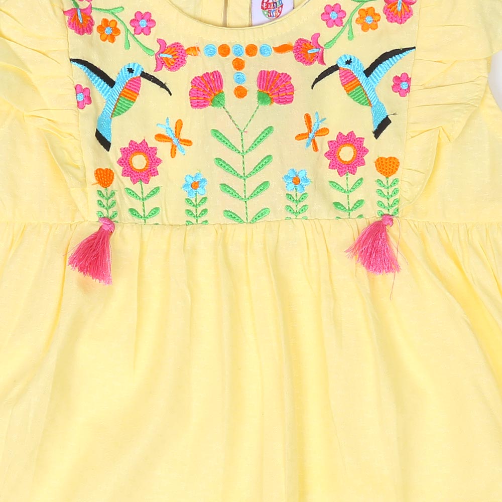 Girls Embroidered Top Exotic Bird - Lemon