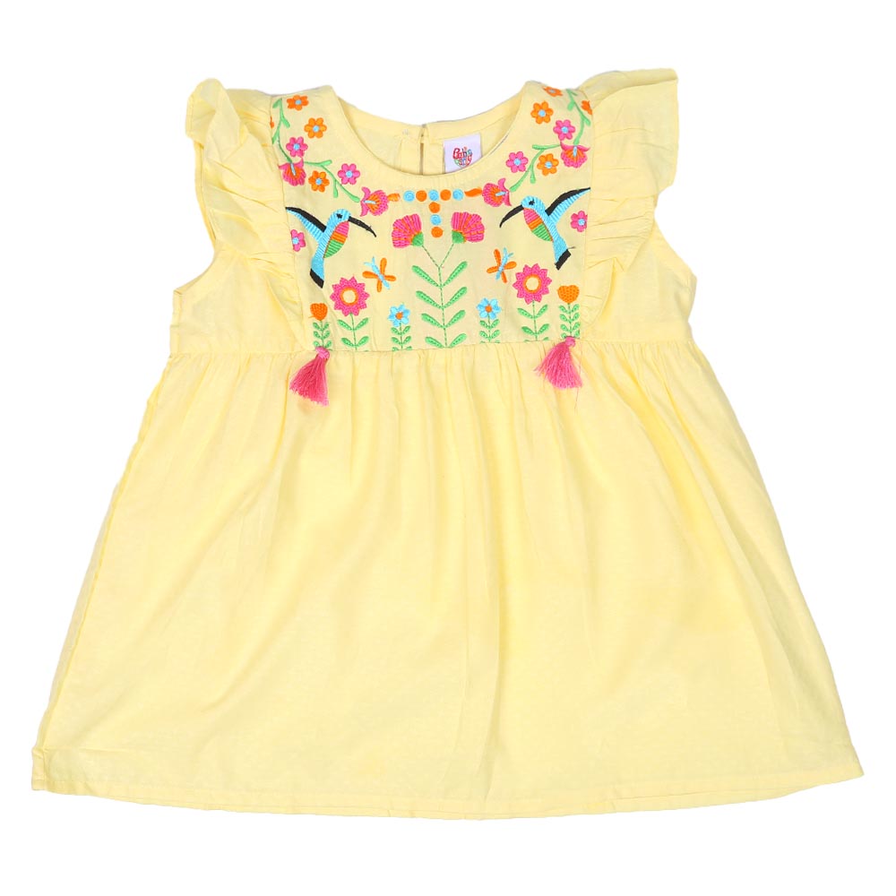 Girls Embroidered Top Exotic Bird - Lemon