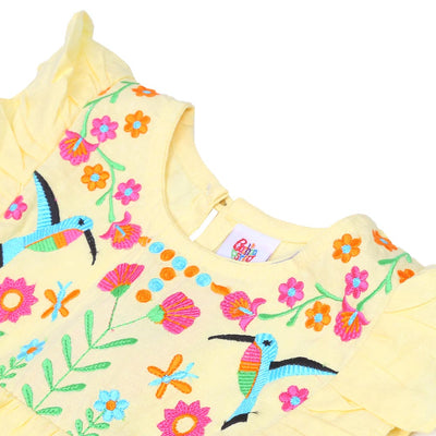 Girls Embroidered Top Exotic Bird - Lemon