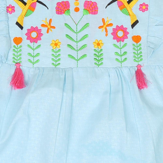 Girls Embroidered Top Exotic Bird - Blue