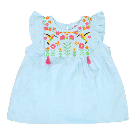 Girls Embroidered Top Exotic Bird - Blue