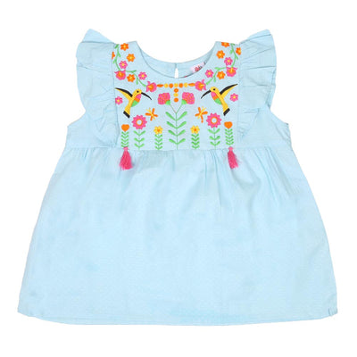 Infant Girls Embroidered Top Exotic Bird - Blue