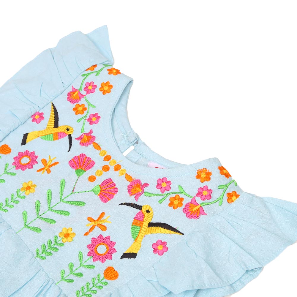 Girls Embroidered Top Exotic Bird - Blue