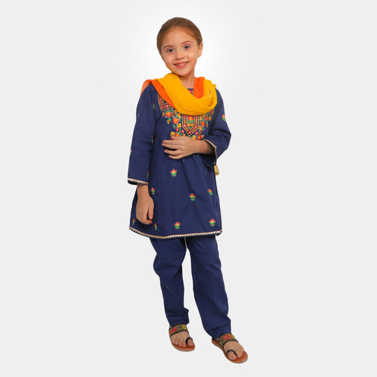 Girls 3 Pcs Fancy Phulkari S2-NAVY
