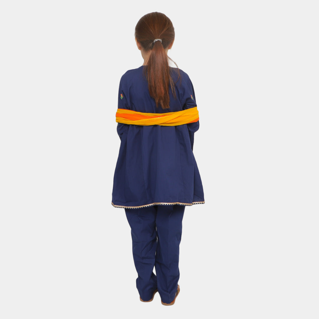 Girls 3 Pcs Fancy Phulkari S2-NAVY