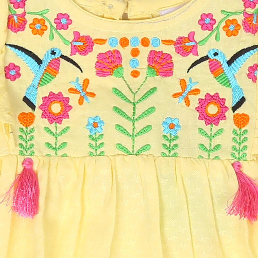 Infant Girls Embroidered Top Exotic Bird - Lemon