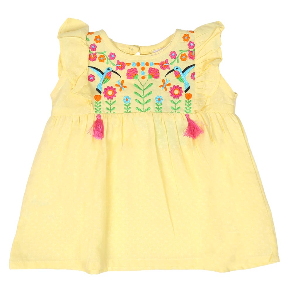 Infant Girls Embroidered Top Exotic Bird - Lemon