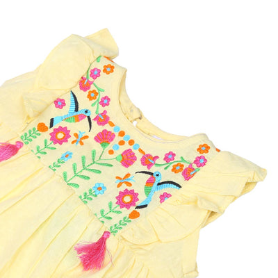 Infant Girls Embroidered Top Exotic Bird - Lemon