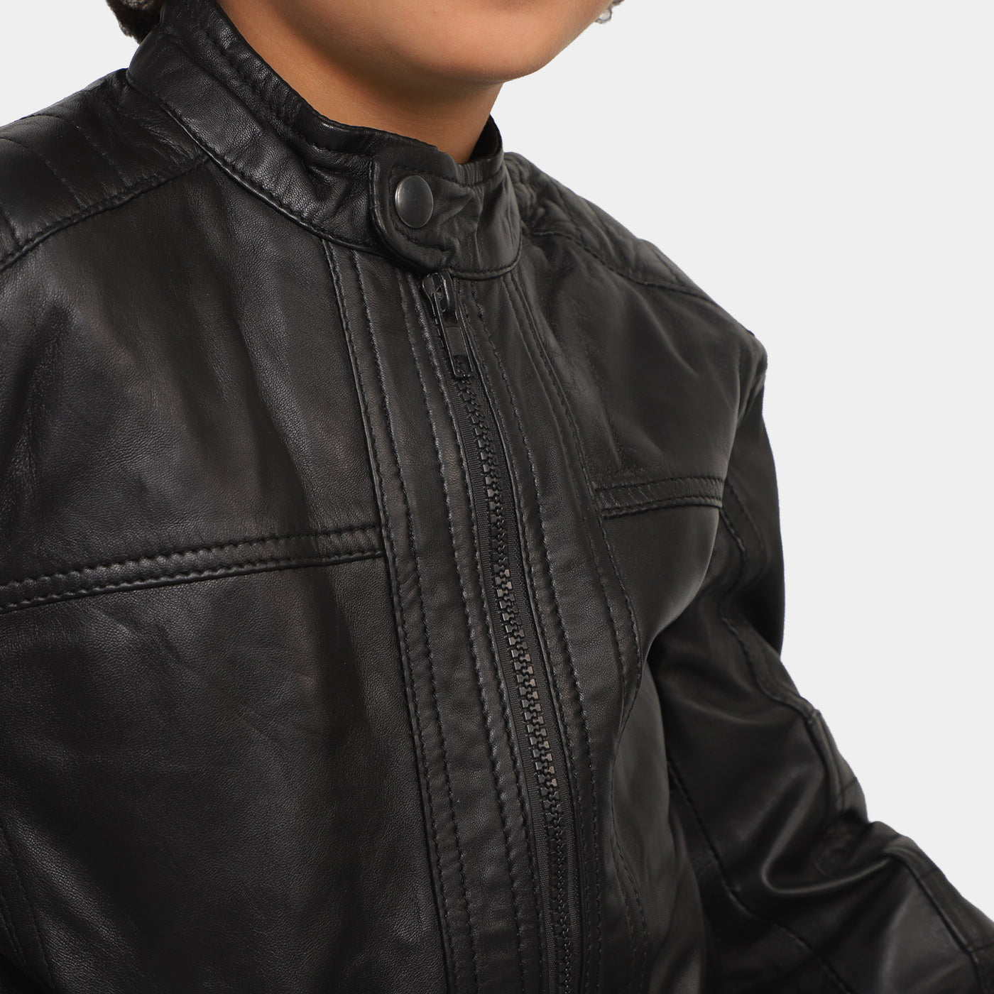 Boys Genuine  Sheep Leather Jacket Biker Sleeves-BLACK