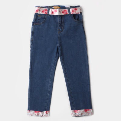 Girls Denim Pant Floral Belt - Ice Blue