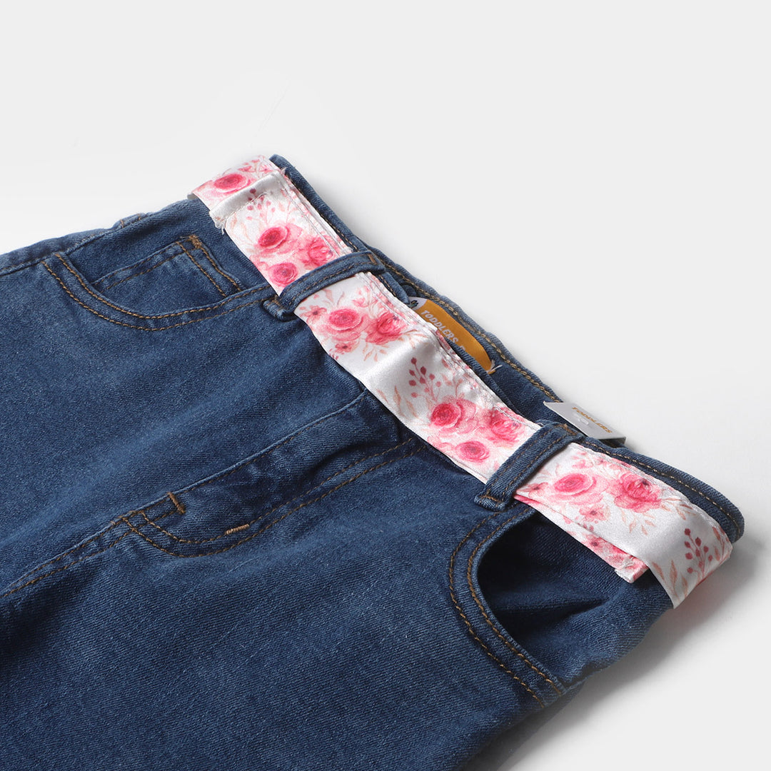 Girls Denim Pant Floral Belt - Ice Blue