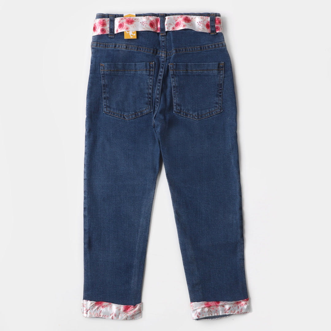 Girls Denim Pant Floral Belt - Ice Blue