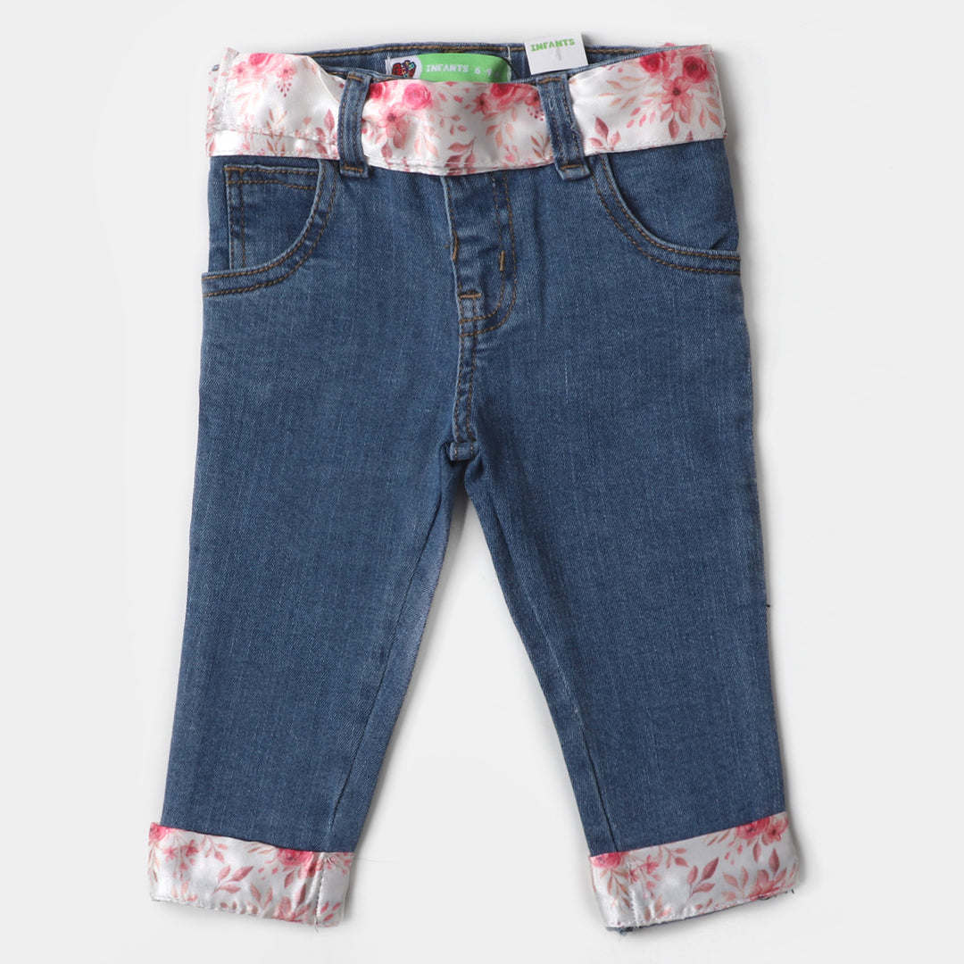 Infant Girls Denim Pant Floral Belt - Ice Blue