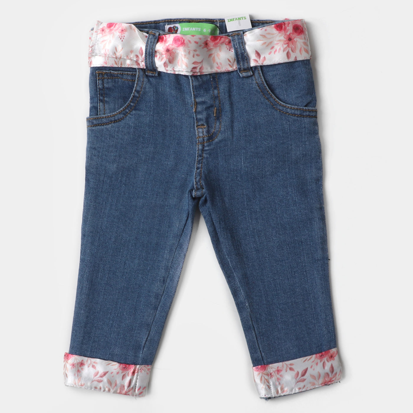 Infant Girls Denim Pant Floral Belt - Ice Blue