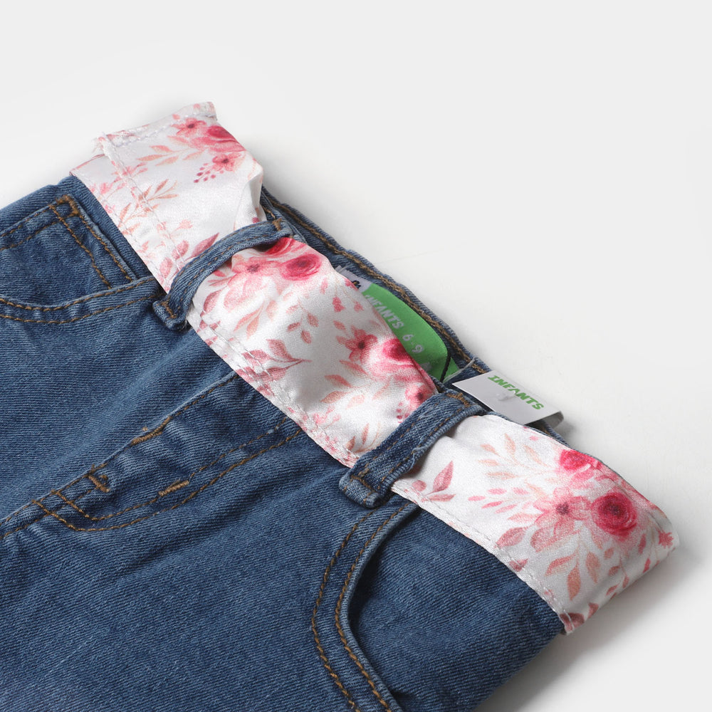 Infant Girls Denim Pant Floral Belt - Ice Blue