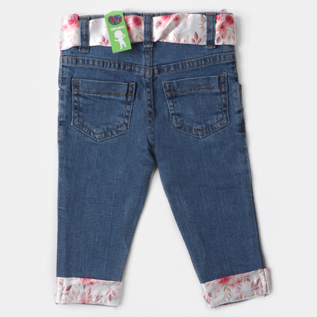 Infant Girls Denim Pant Floral Belt - Ice Blue