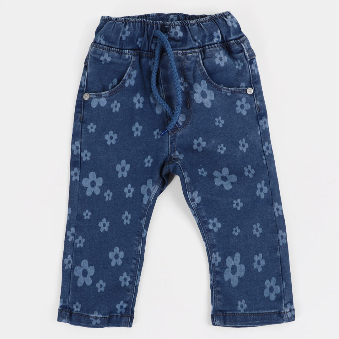 Infant Girls Denim Pant Flower Discharge | Mid Blue
