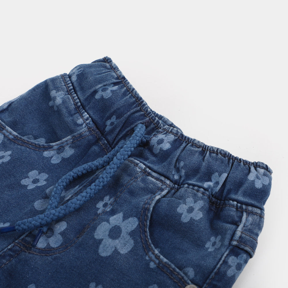 Infant Girls Denim Pant Flower Discharge | Mid Blue