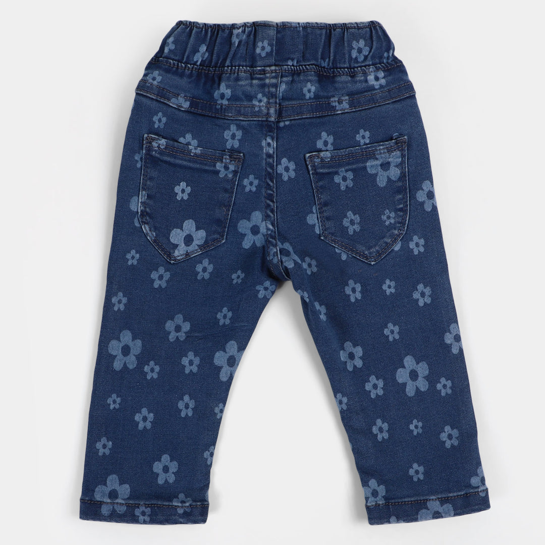 Infant Girls Denim Pant Flower Discharge | Mid Blue