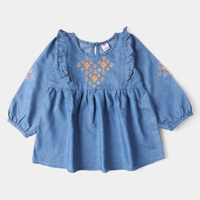 Girls Denim Top Flower Sequence & Embroidered- Mid Blue