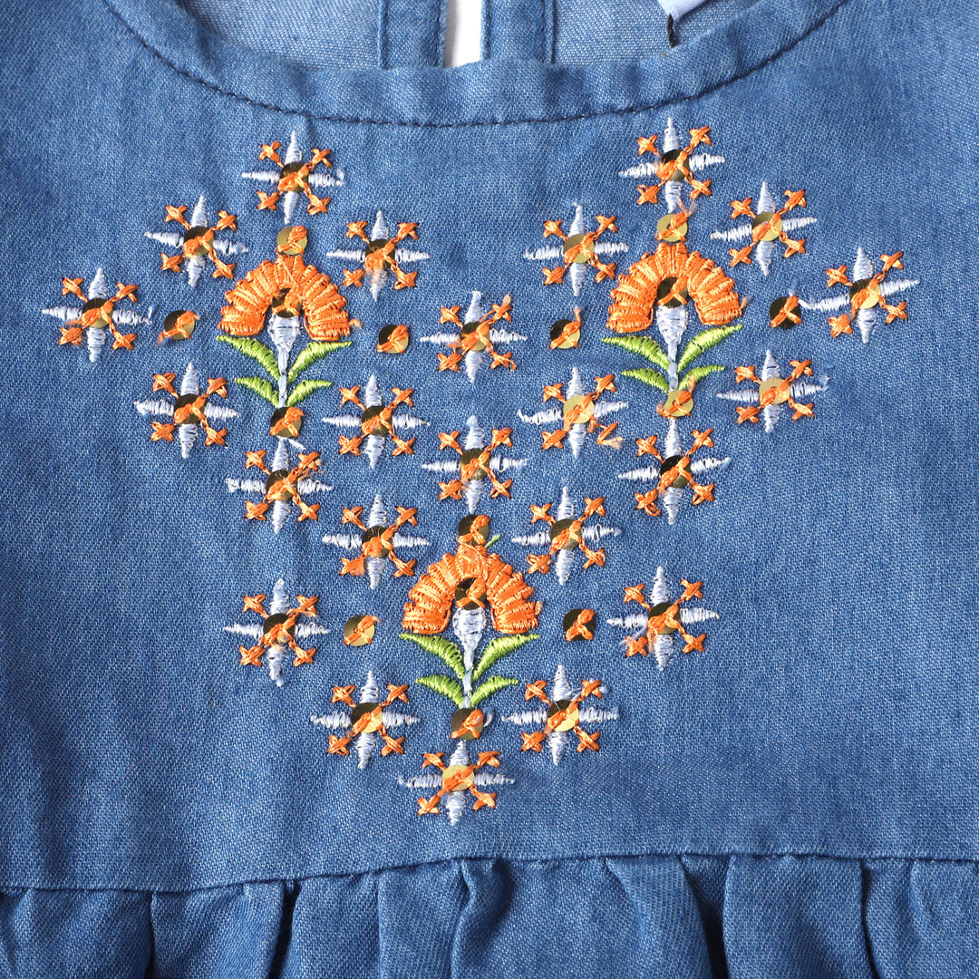 Girls Denim Top Flower Sequence & Embroidered- Mid Blue