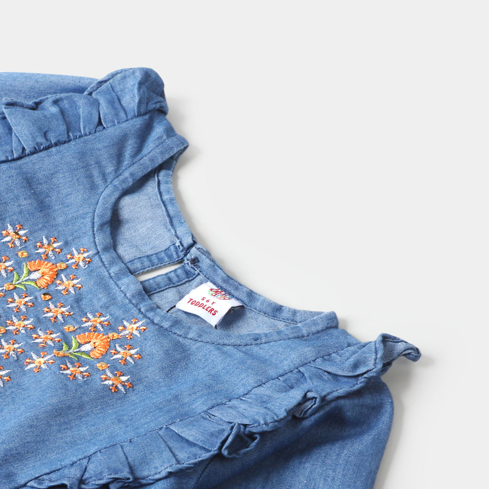 Girls Denim Top Flower Sequence & Embroidered- Mid Blue
