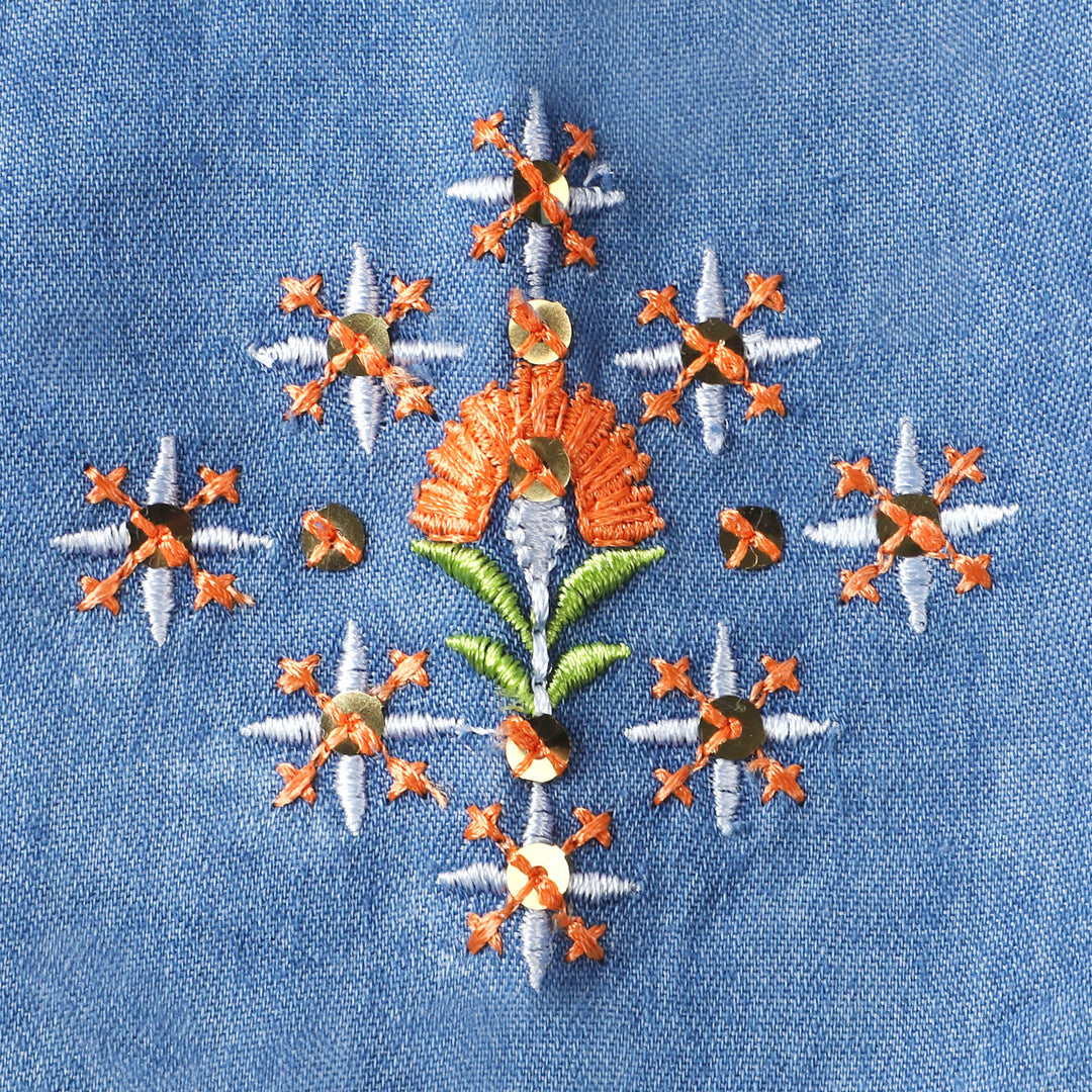 Girls Denim Top Flower Sequence & Embroidered- Mid Blue